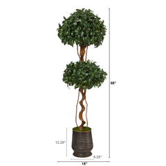 68” Sweet Bay Double Ball Topiary Artificial Tree in Ribbed Metal Planter