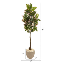 70” Variegated Rubber Leaf Artificial Tree in Sandstone Planter (Real Touch)