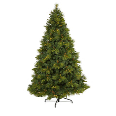 7.5’ North Carolina Mixed Pine Artificial Christmas Tree with 470 Warm White LED Lights, 1895 Bendable Branches and Pinecones