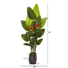 76” Bird of Paradise Artificial Plant in Ribbed Metal Planter (Real Touch)