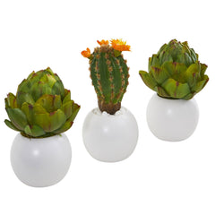 8” Artichoke and Cactus Artificial Plant in White Planter (Set of 3)