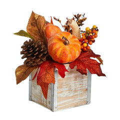 8” Fall Pumpkin, Gourd, Berries and Pinecones Artificial Autumn Arrangement in Natural Washed Vase