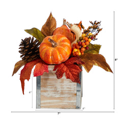 8” Fall Pumpkin, Gourd, Berries and Pinecones Artificial Autumn Arrangement in Natural Washed Vase