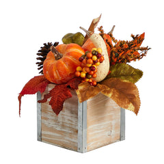 8” Fall Pumpkin, Gourd, Berries and Pinecones Artificial Autumn Arrangement in Natural Washed Vase