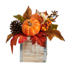 8” Fall Pumpkin, Gourd, Berries and Pinecones Artificial Autumn Arrangement in Natural Washed Vase