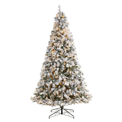 9' Flocked White River Mountain Pine Christmas Tree with Pinecones and 650 Clear LED Lights