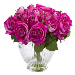 9” Rose Artificial Floral Arrangement in Elegant Glass Vase