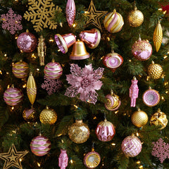 70 Pink and Gold Shatterproof Christmas Tree Ornament Set with Re-Useable Container