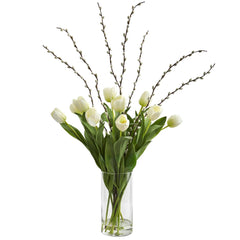 Silk Tulips Artificial Arrangement in Cylinder Vase