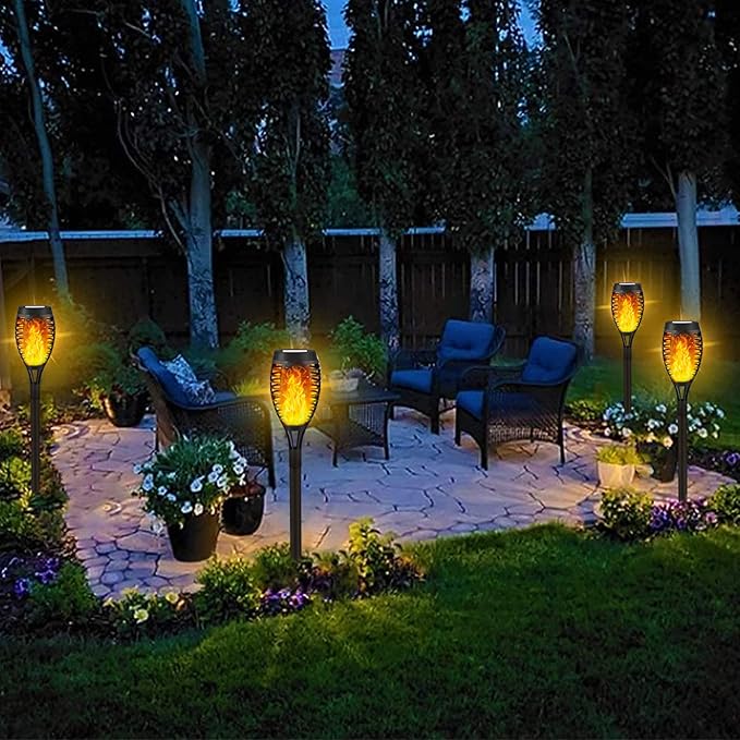 8 Pack Solar Tiki Torches, Flickering Flame Garden Decor, Waterproof LED Torches for Outside Patio Yard (Yellow)