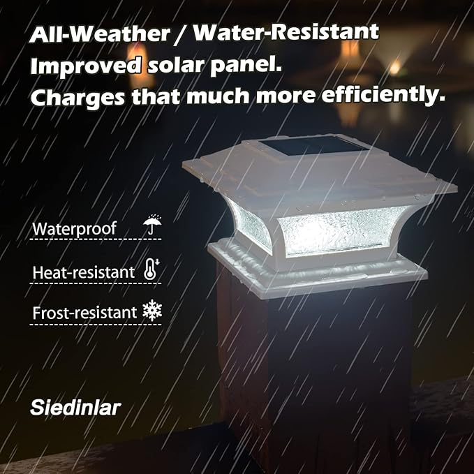 SIEDiNLAR Solar Post Cap Lights Outdoor Glass LED Fence Deck Light 2 Modes for 4x4 5x5 6x6 Vinyl Wooden Posts Patio Garden Decoration Warm White/Cool White Lighting White (6 Pack)