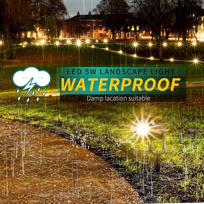 LED Landscape Lights,5W 120V AC Outdoor Pathway Garden Yard Spotlight,IP65 Waterproof Garden Flood Light,Outdoor Spotlight with Stake,UL Cord 5-ft with Plug (Pack of 4, Warm White)