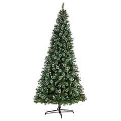 10’ Frosted Swiss Pine Artificial Christmas Tree with 850 Clear LED Lights and Berries