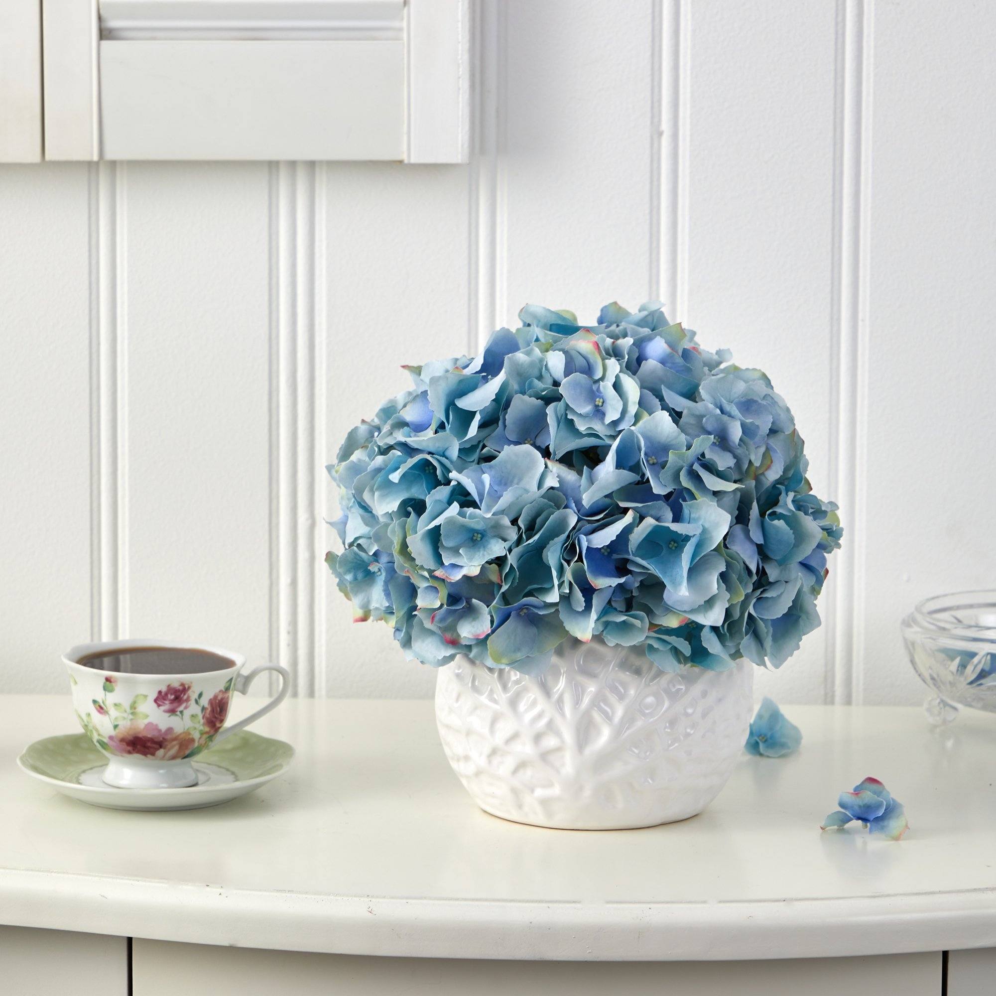 11” Hydrangea Artificial Arrangement in White Vase