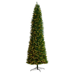 11’ Slim Green Mountain Pine Christmas Tree with 950 Clear LED Lights and 2836 Bendable Branches