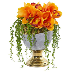 13” Cymbidium Orchid Artificial Arrangement in Designer Urn