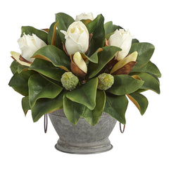 13” Magnolia Artificial Bud Plant in Vintage Bowl with Copper Trimming