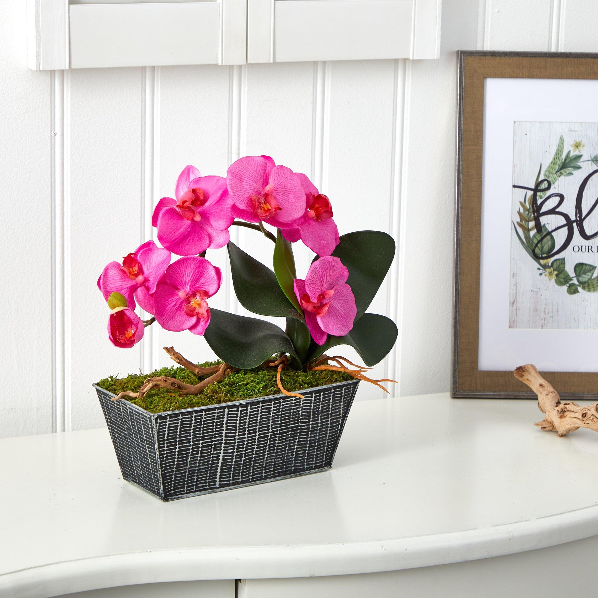 13” Phalaenopsis Orchid Artificial Arrangement in Embossed Tin Vase