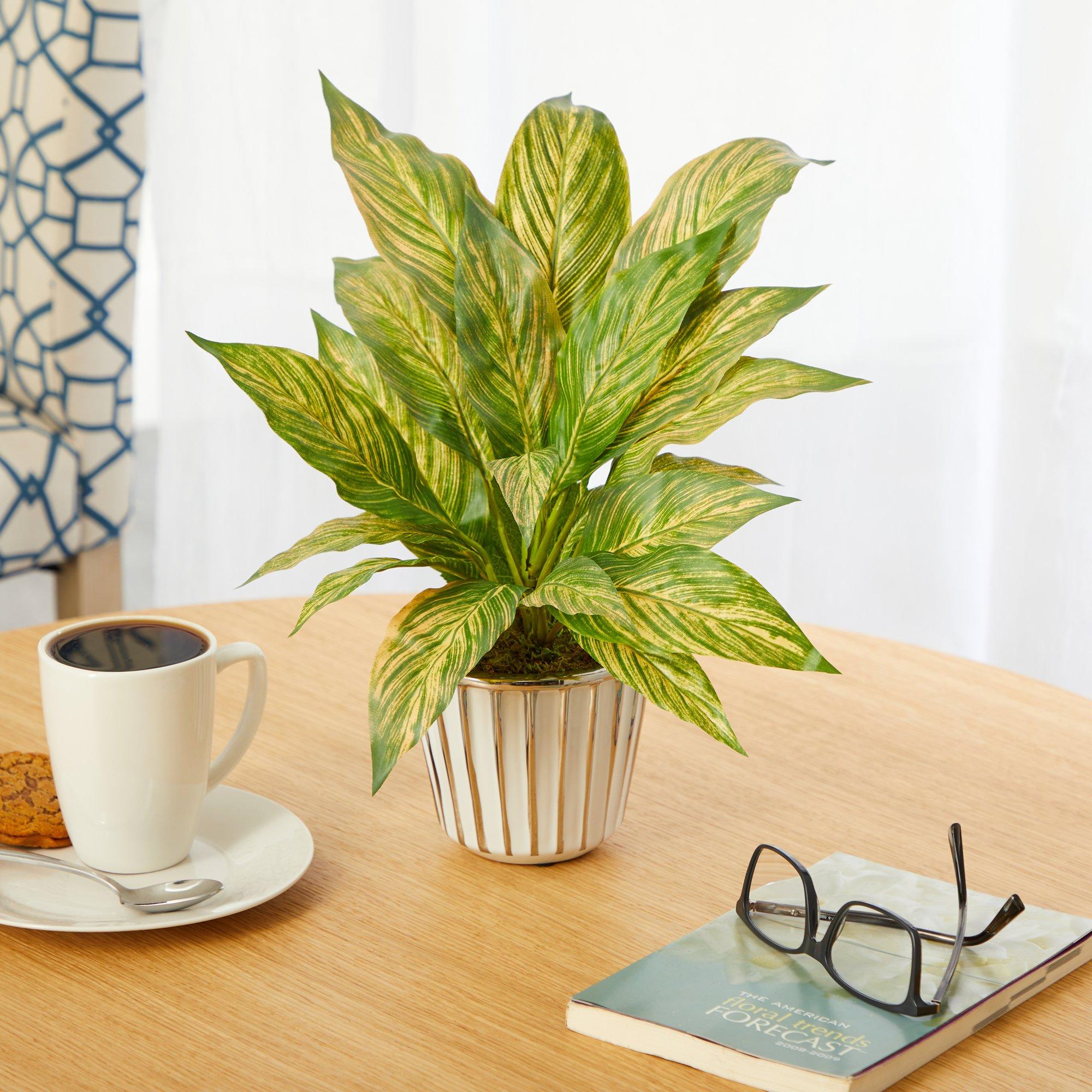 14” Musa Leaf Artificial Plant in White Planter with Silver Trimming