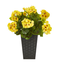 15” Geranium Artificial Plant in Embossed Black Planter UV Resistant (Indoor/Outdoor)