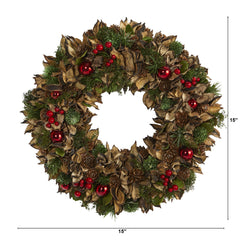 15” Holiday Artificial Wreath with Pine Cones and Ornaments