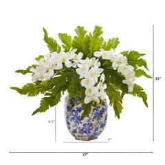15” Phalaenopsis Orchid and Fern Artificial Plant in Vase