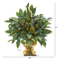 15” Royal Ficus and Fittonia Artificial Plant in Gold Urn