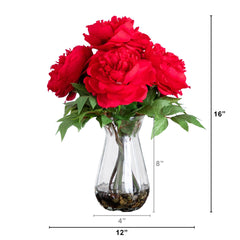 16" Artificial Pink Peony Arrangement in Glass Vase