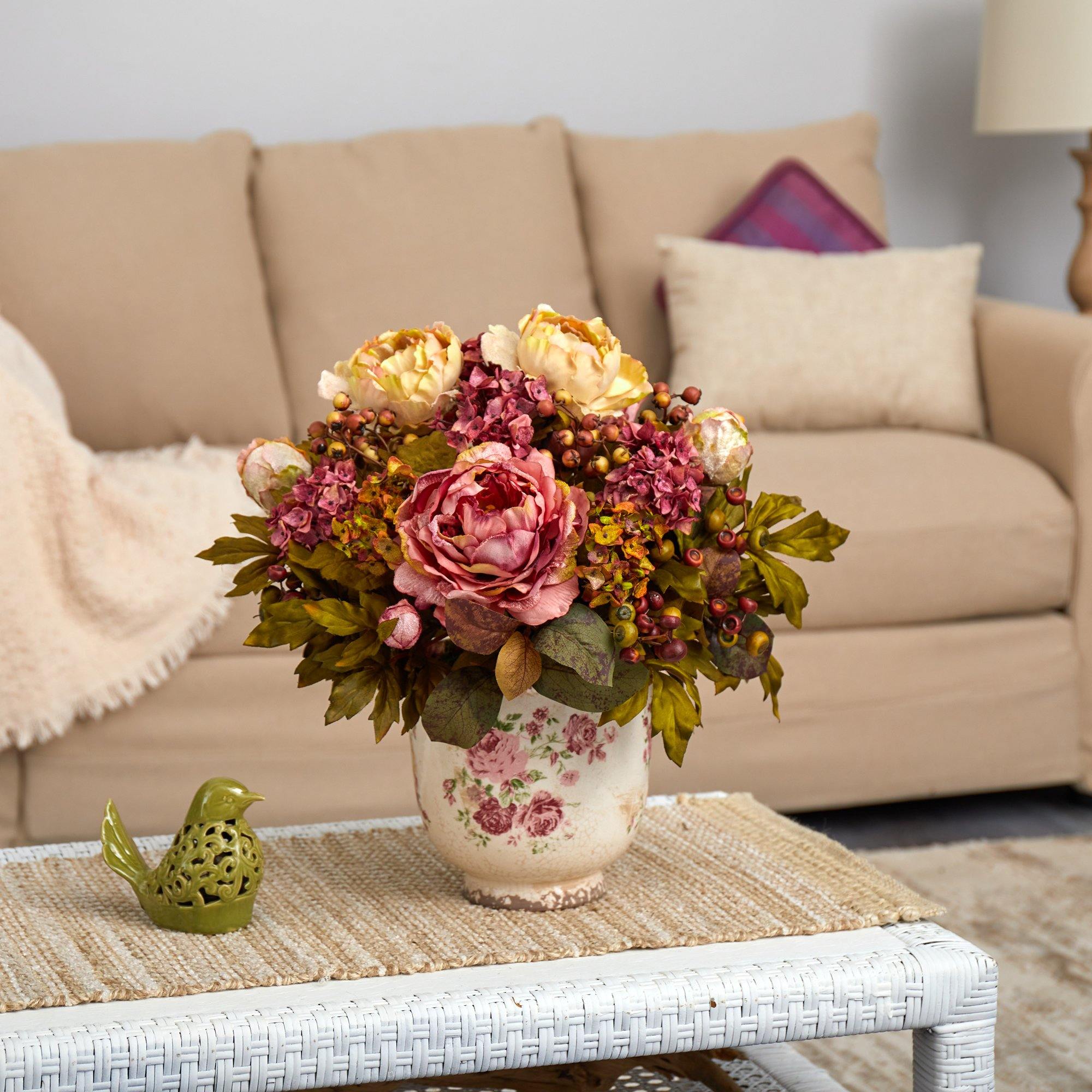 16” Peony Artificial Arrangement in Floral Vase