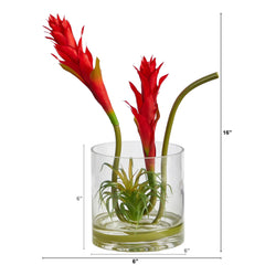 16” Star Bromeliad Artificial Arrangement in Cylinder Glass Vase