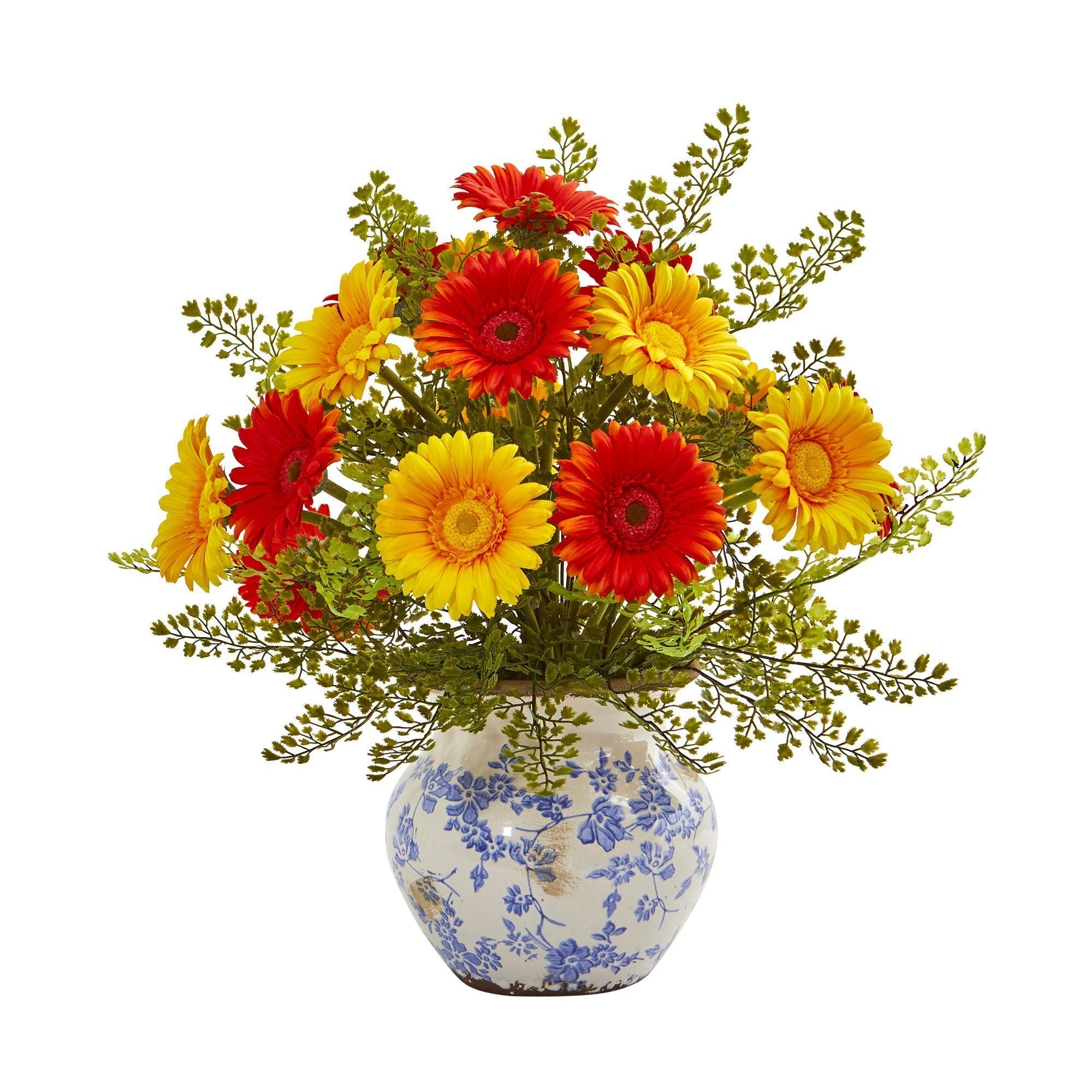 17” Silk Gerber Daisy and Silk Maiden Hair Flower Arrangement in Vase
