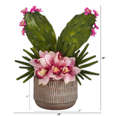 18” Cymbidium Orchid and Cactus Artificial Arrangement in Stoneware Vase