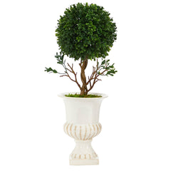 19” Boxwood Topiary Artificial Tree in White Urn UV Resistant (Indoor/Outdoor)