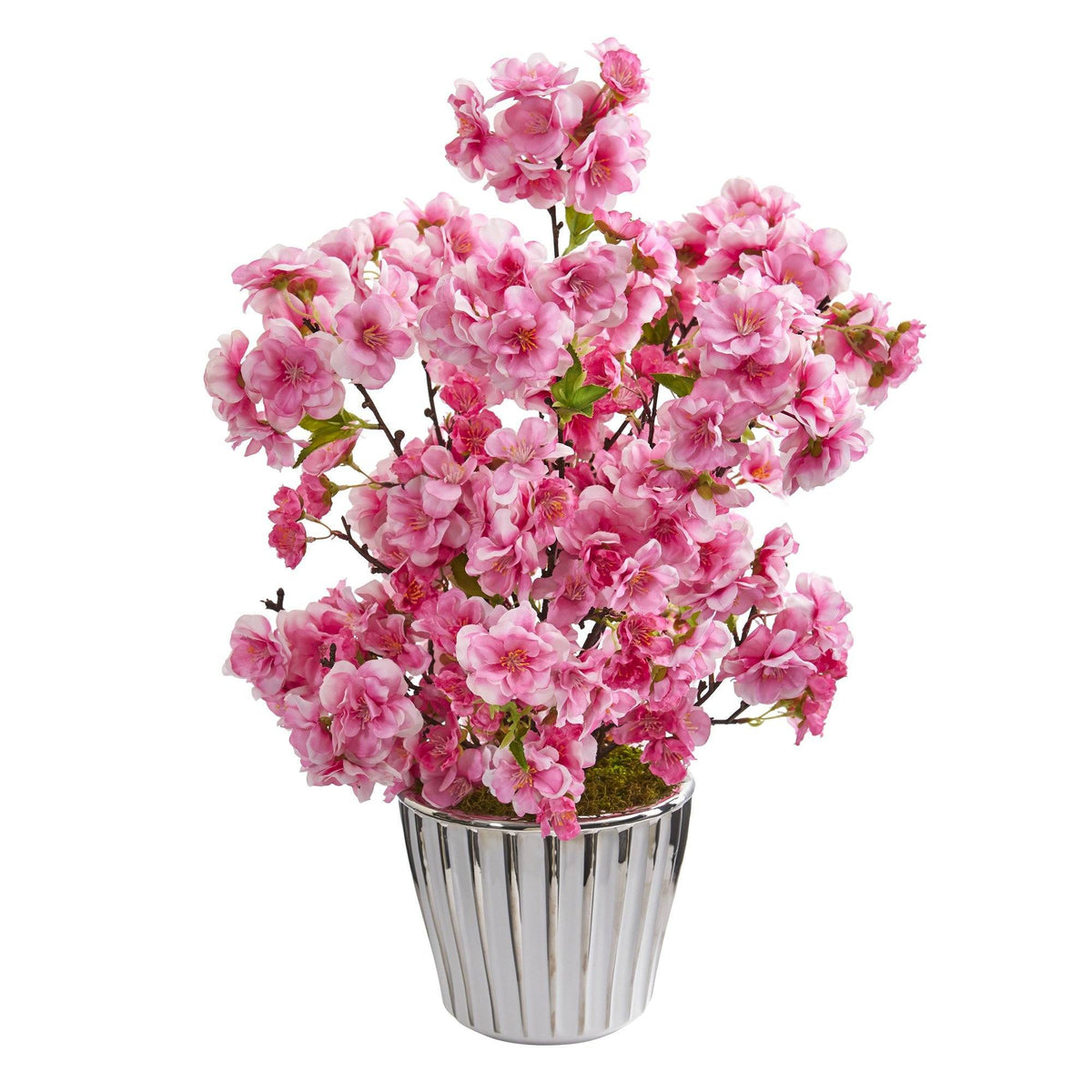 19” Cherry Blossom Artificial Arrangement in White Vase with Silver Trimming