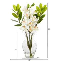 19” Cymbidium Orchid and Faux Zamioculcas Artificial Arrangement