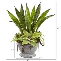19” Sansevieria and Succulent Artificial Plant in Metal Bowl
