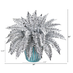 21” Metallic Silver Boston Fern Artificial Plant in Turquoise Planter with Silver Trimming