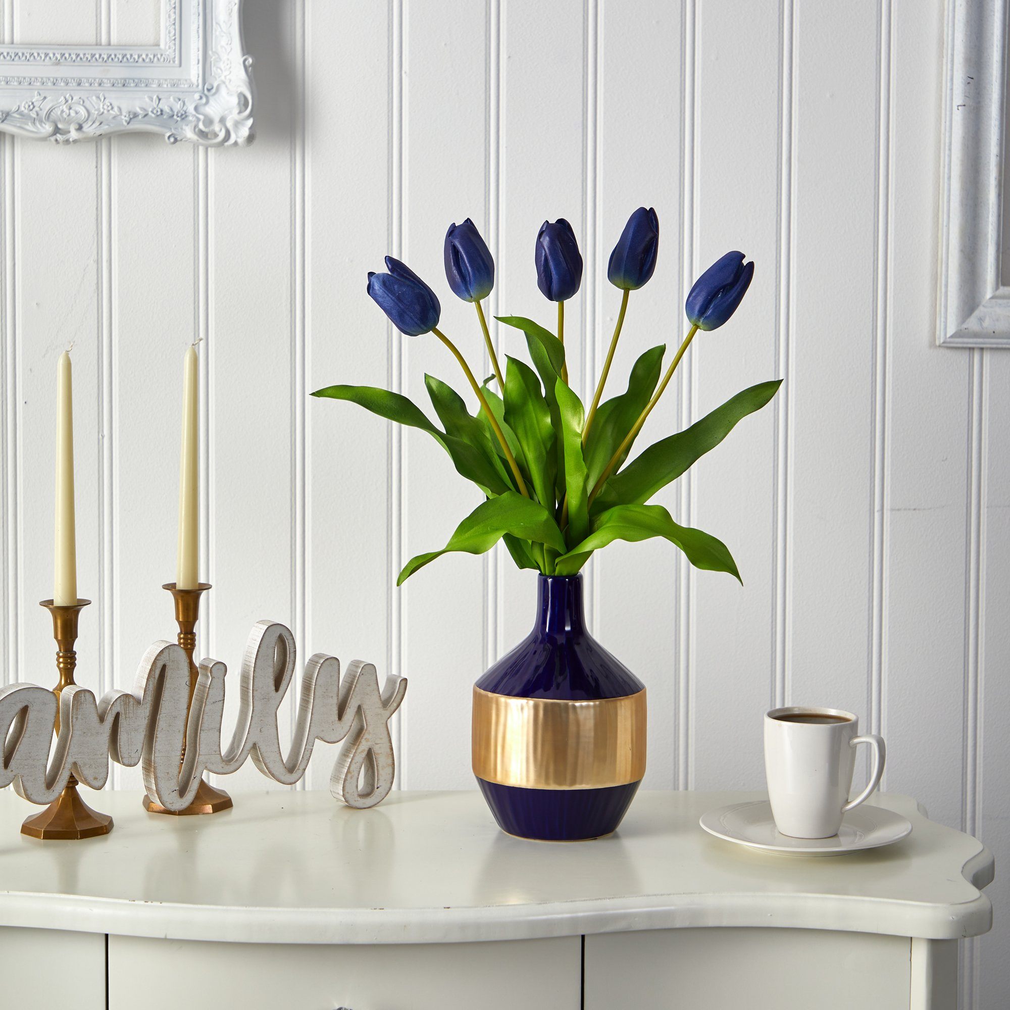 22” Dutch Tulip Artificial Arrangement in Blue and Gold Designer Vase