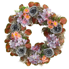 22” Silver Rose and Purple Hydrangea Artificial Wreath