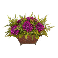 24” Dahlia and Fern Artificial Arrangement in Metal Planter