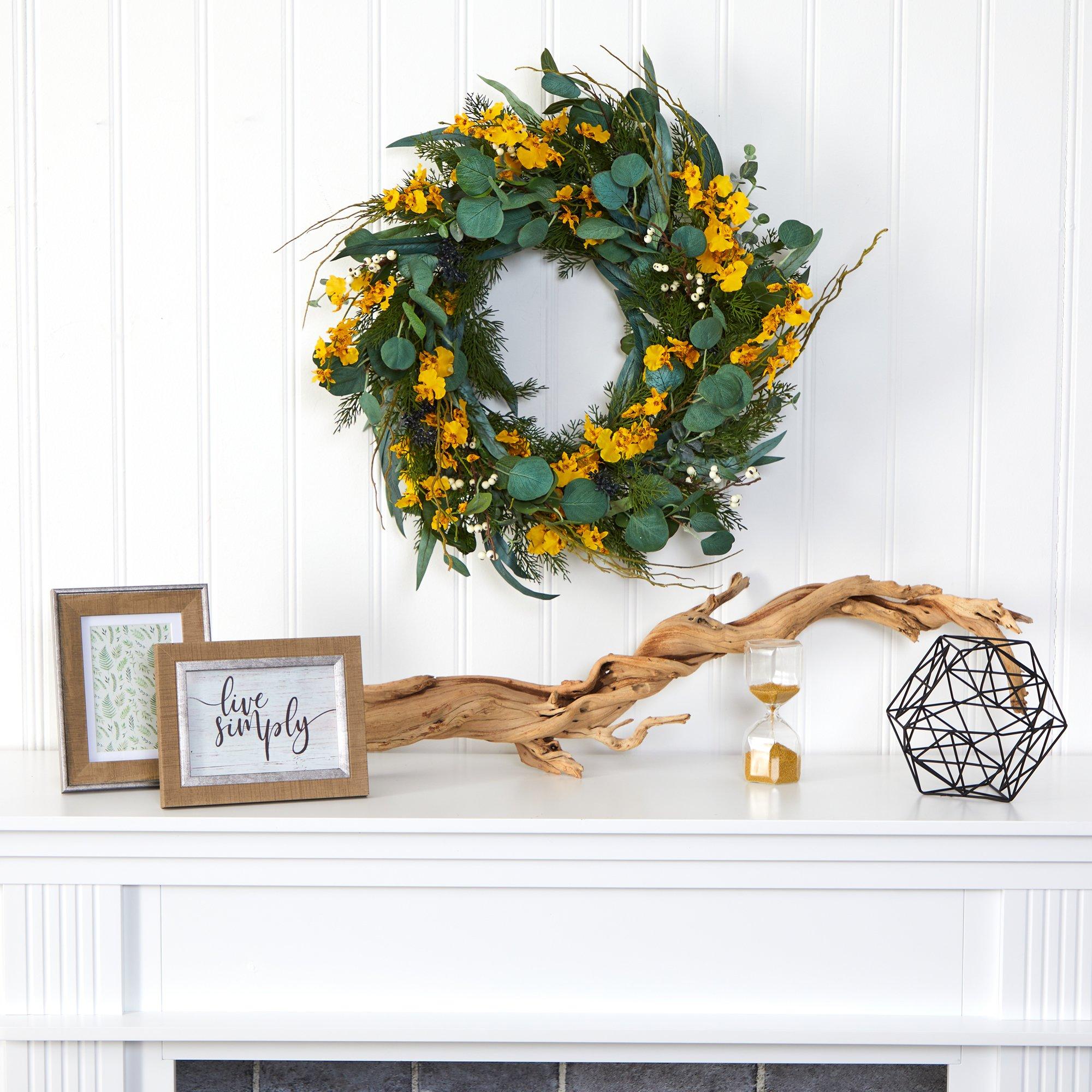 24” Eucalyptus, Dancing Lady Orchid and Mixed Greens Artificial Wreath