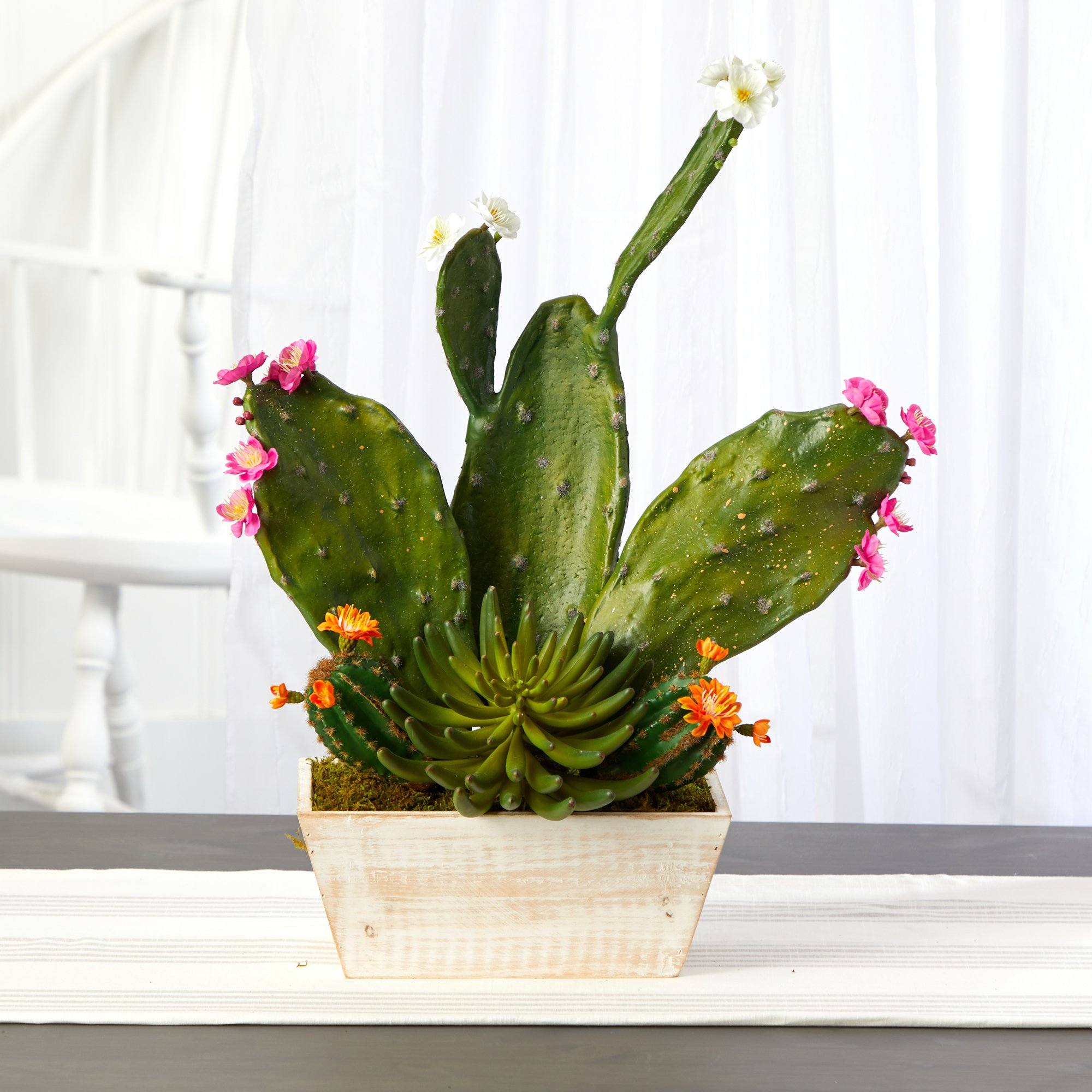 24” Mixed Cactus Succulent Artificial Plant in White Wash Planter