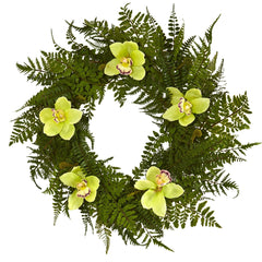 24” Cymbidium Orchid and Mixed Fern Artificial Wreath