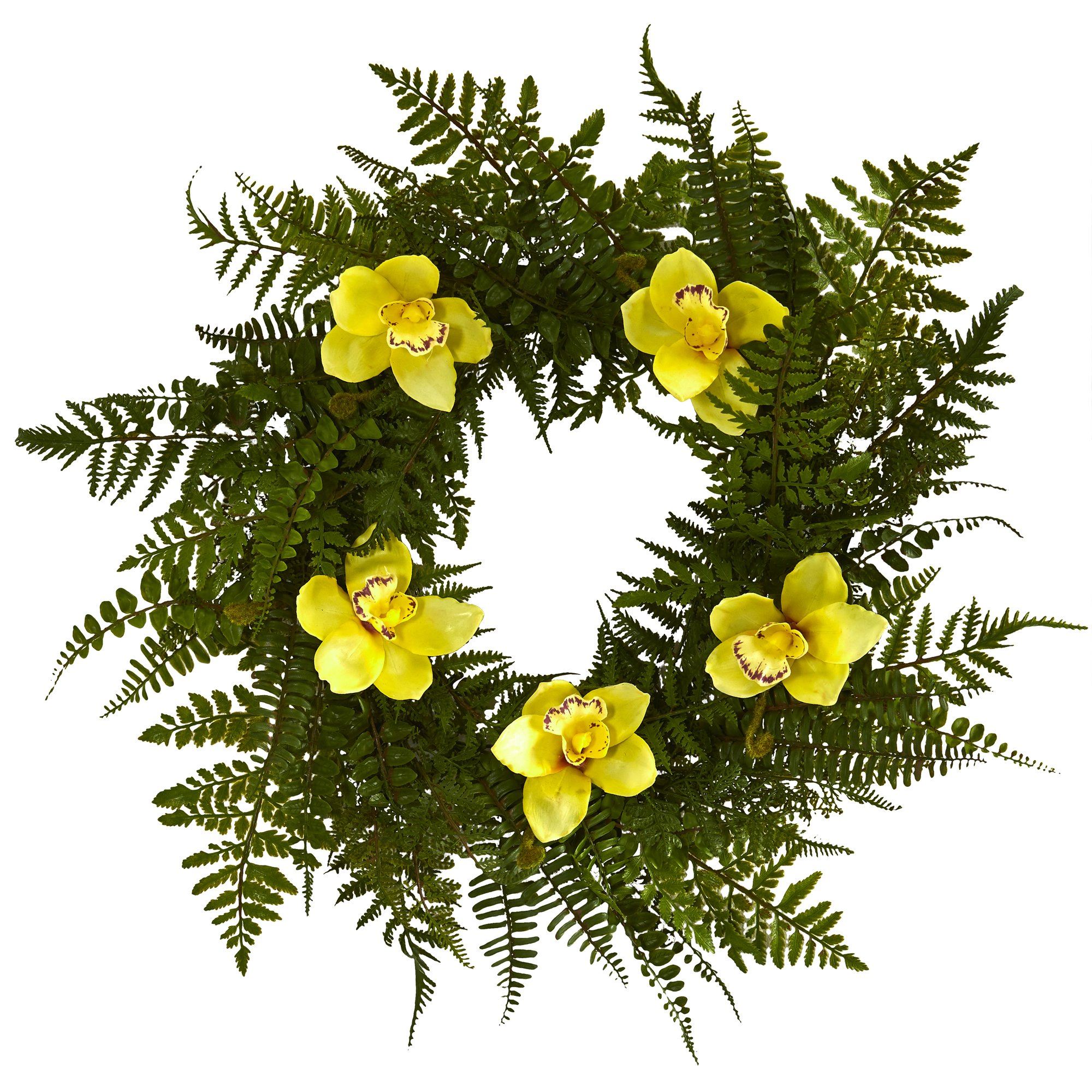 24” Cymbidium Orchid and Mixed Fern Artificial Wreath