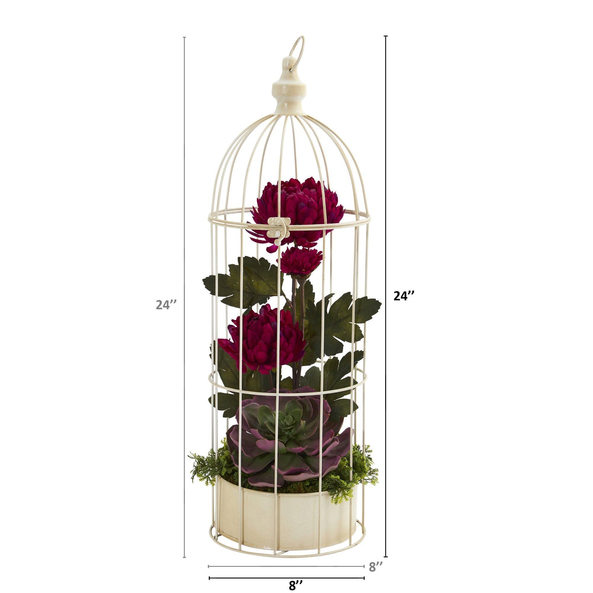 24” Mum and Echeveria Artificial Arrangement in Decorative Cage