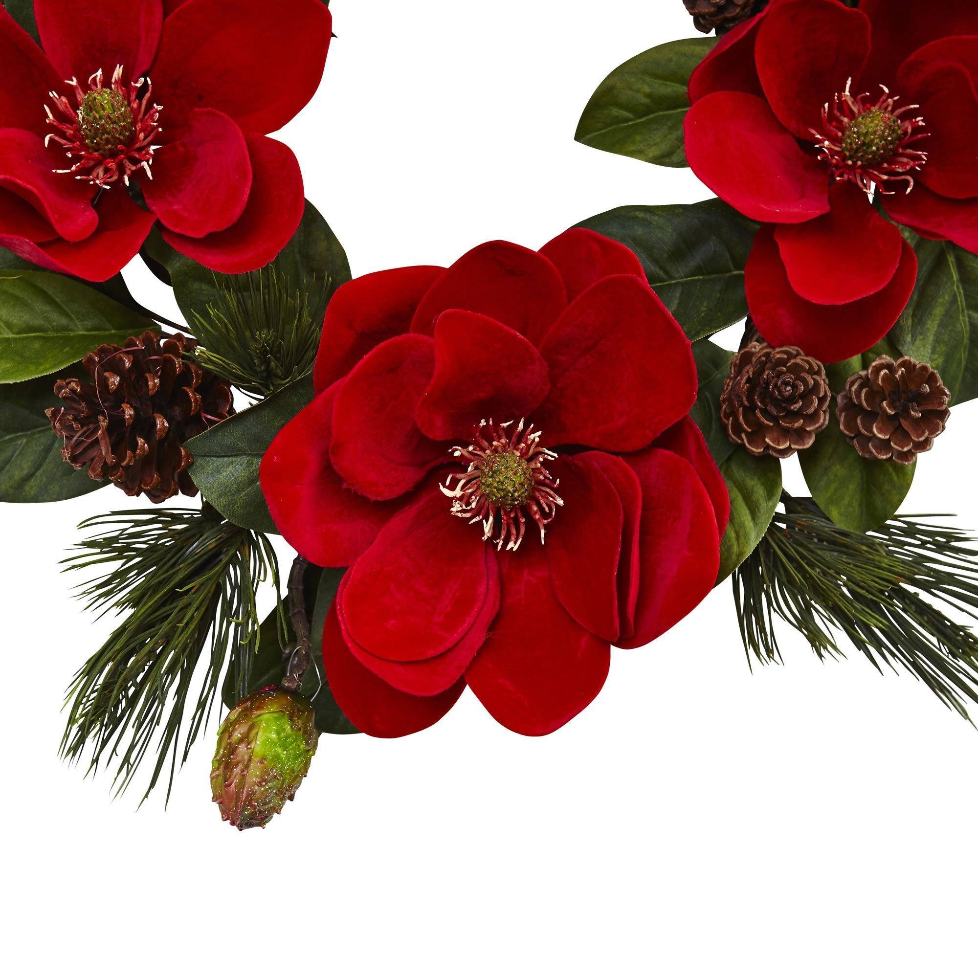 24” Red Magnolia & Pine Wreath
