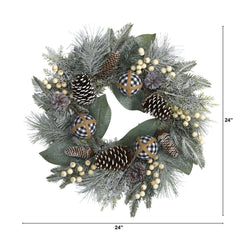 24” Snow Tipped Holiday Artificial Wreath with Berries, Pine Cones and Ornaments
