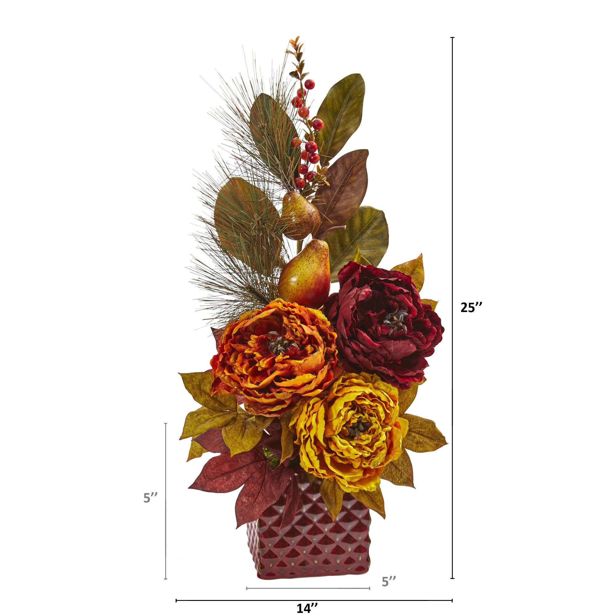 25” Peony, Pear and Magnolia Leaf Artificial Arrangement in Red Vase