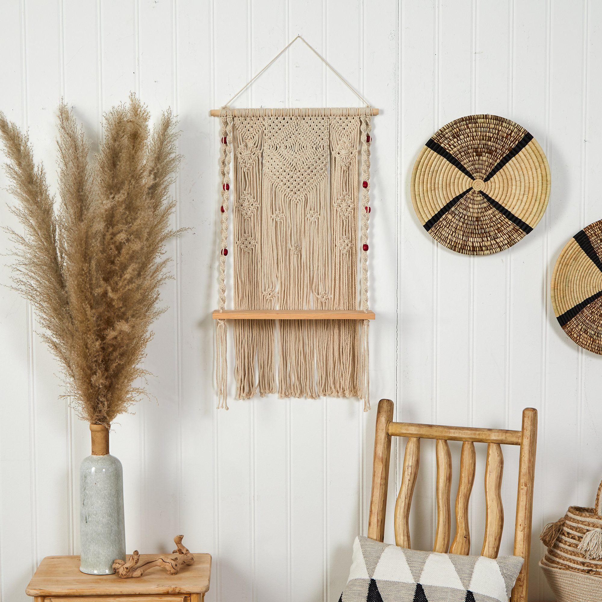 2.5’ x 1.5’ Bohemian Macrame Wall Hanging with Wooden Shelf