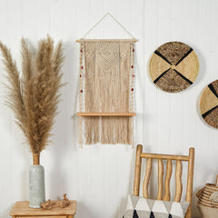 2.5’ x 1.5’ Bohemian Macrame Wall Hanging with Wooden Shelf